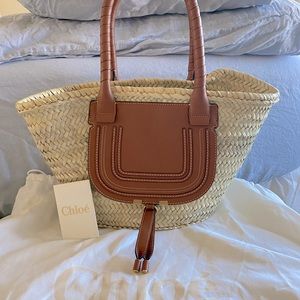 Medium Marcie basket bag in hand-braided raffia & small grain calfskin